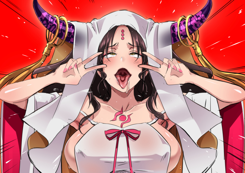 1girl ahegao bare_shoulders breasts butcha-u cleavage collarbone dress emotional_engine_-_full_drive facial_mark fate/grand_order fate_(series) female_focus forehead_mark horns large_breasts light_blush long_hair multicolored_horns open_mouth pink_horns pink_nails red_background sessyoin_kiara sessyoin_kiara_(swimsuit_mooncancer) sessyoin_kiara_(swimsuit_mooncancer)_(third_ascension) shiny_skin simple_background tongue tongue_out upper_body v veil