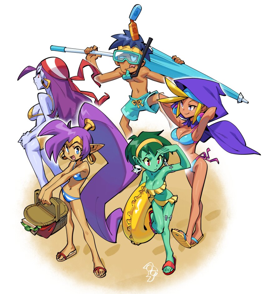 absurdres beach bikini blonde_hair bolo_(shantae) breasts colored_skin dark-skinned_female dark-skinned_male dark_skin earrings egg_earrings flip-flops goggles green_hair highres hood jewelry medium_breasts multiple_girls parasol picnic_basket pointy_ears purple_hair purple_skin risky_boots rottytops sand sandals shantae shantae_(series) skull_earrings sky_(shantae) smile swim_goggles swimsuit thehelmet_guy umbrella
