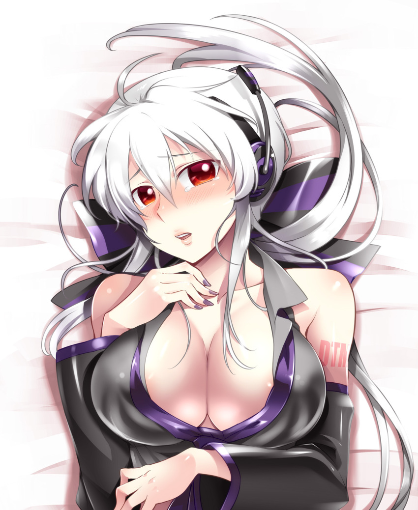 1girl areola_slip bed blush bow breasts caffein cleavage dakimakura_(medium) detached_sleeves female_focus hair_bow headphones highres huge_breasts large_breasts long_hair lying makeup nail_polish ponytail purple_nails red_eyes silver_hair solo tears upper_body vocaloid yowane_haku