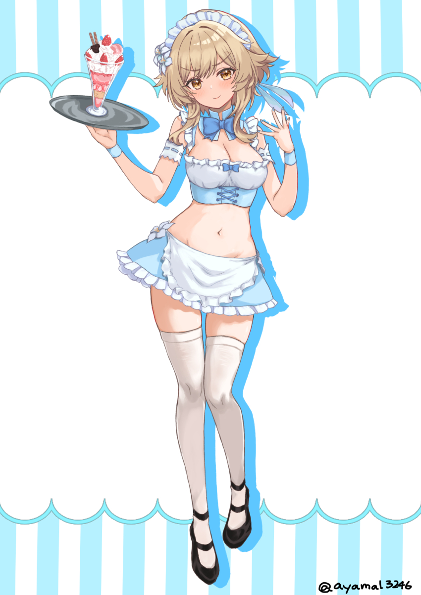 1girl alternate_costume apron ayamal_(mainichi_ryokucha) black_shoes blonde_hair blue_bow blue_bowtie blue_nails blue_skirt blue_wrist_cuffs blush bow bowtie breasts cleavage closed_mouth commentary_request drop_shadow enmaided fingernails flower frilled_apron frilled_hairband frills full_body genshin_impact hair_flower hair_ornament hairband hands_up highres holding holding_tray looking_at_viewer lumine_(genshin_impact) maid maid_headdress medium_breasts nail_polish navel no_panties shoes short_hair_with_long_locks simple_background skirt smile solo standing thighhighs tray waist_apron white_apron white_background white_flower white_hairband white_thighhighs wrist_cuffs yellow_eyes