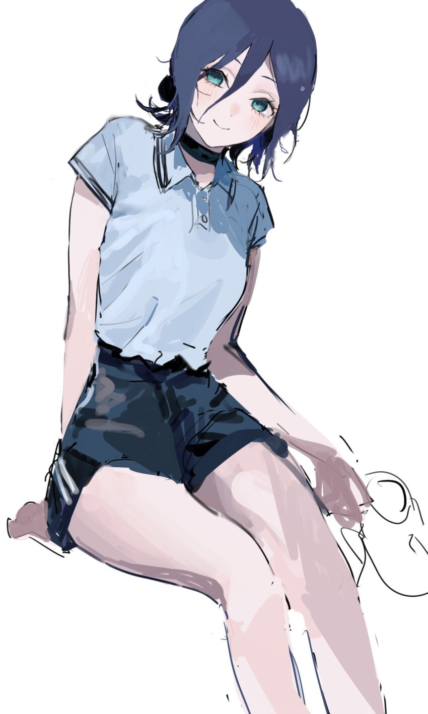 1girl black_choker black_shorts blue_hair chainsaw_man choker closed_mouth green_eyes grey_shirt hair_between_eyes hair_bun highres polo_shirt reze_(chainsaw_man) shirt short_shorts shorts simple_background smile solo white_background yuuli_(tuna221022)