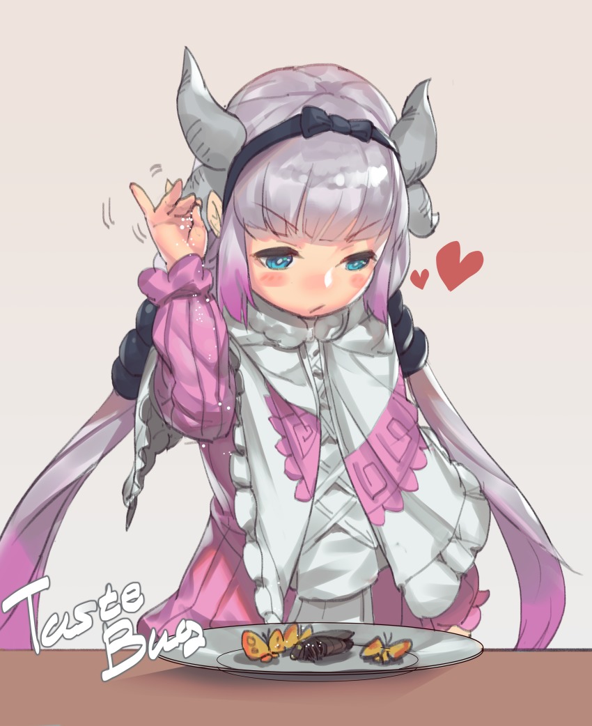 &gt;:/ 1girl :/ absurdres blue_eyes blush_stickers bug butterfly capelet dragon_girl dragon_horns female_focus gradient_background hair_bobbles hair_ornament hairband heart highres horns insect kanna_kamui kobayashi-san_chi_no_maidragon light_purple_hair long_hair low_twintails meme parody salt salt_bae_(meme) simple_background sketch solo twintails urorong v-shaped_eyebrows