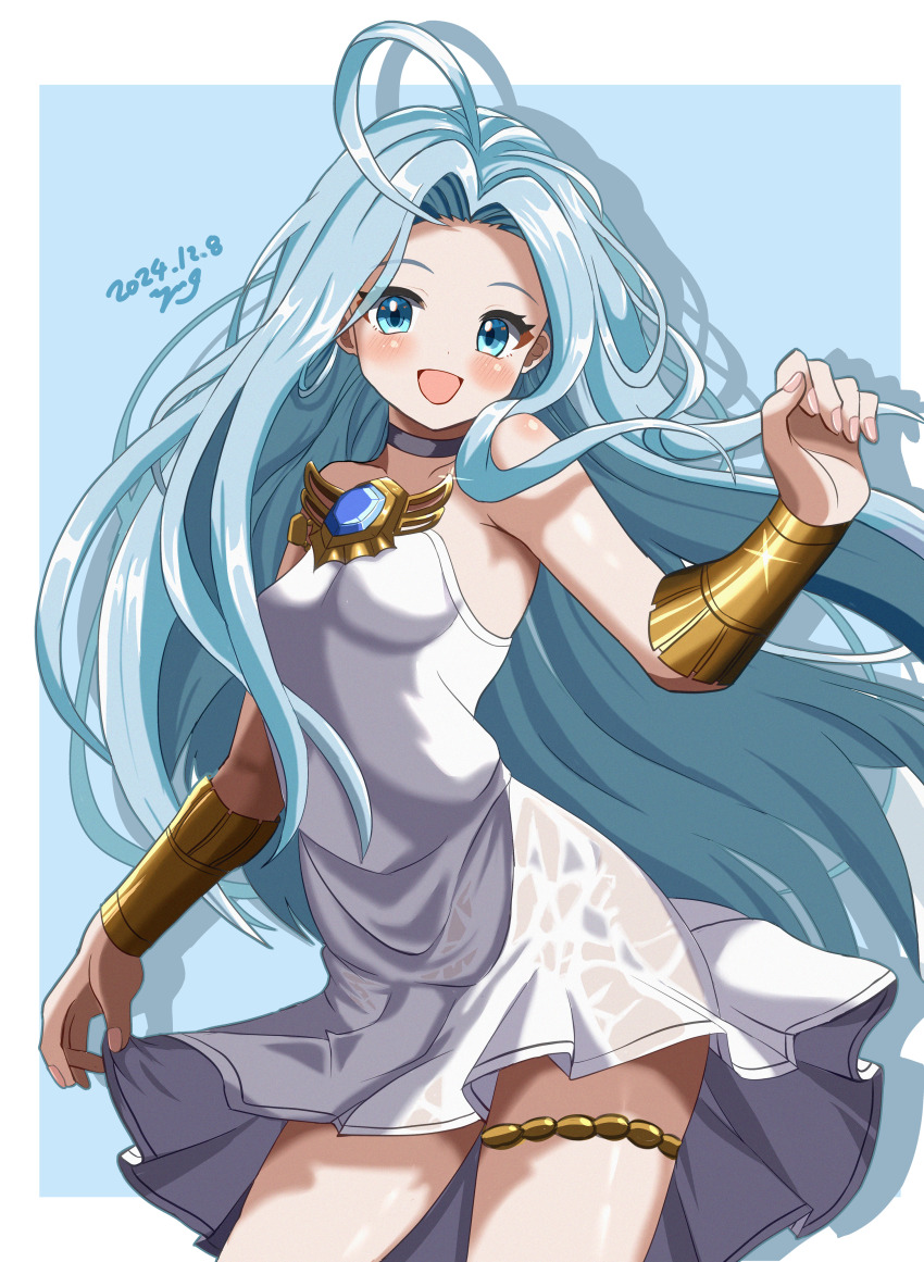 1girl absurdres ahoge blue_eyes blue_hair bridal_gauntlets choker dress gauntlets granblue_fantasy highres jewelry long_hair looking_at_viewer lyria_(granblue_fantasy) open_mouth smile thighlet very_long_hair white_choker white_dress yanapy