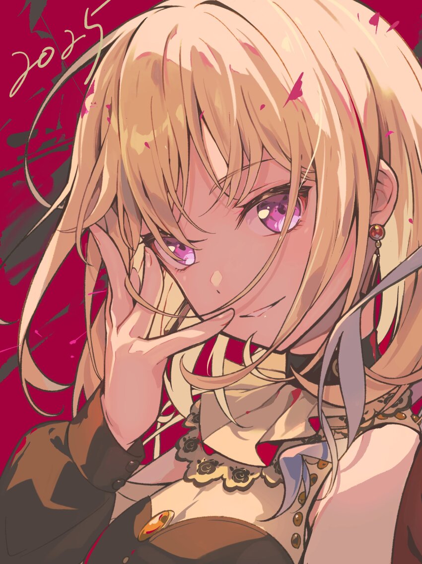 2025 absurdres bang_dream! bang_dream!_it&#039;s_mygo!!!!! blonde_hair blue_hair clothing_cutout commentary_request doloris_(bang_dream!) earrings hand_up highres jewelry long_sleeves medium_hair misumi_uika nobusawa_osamu oblivionis_(bang_dream!) open_mouth orange_brooch purple_eyes shoulder_cutout solo_focus togawa_sakiko