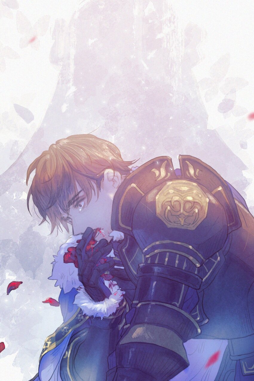1boy armor berkut_(fire_emblem) blood blood_from_mouth blue_cape blue_eyes breastplate brown_hair cape commentary constricted_pupils coughing_flowers crying crying_with_eyes_open english_commentary faithom falling_petals faulds fire_emblem fire_emblem_echoes:_shadows_of_valentia flower fur-trimmed_cape fur_trim highres kneeling looking_ahead male_focus nintendo open_mouth pauldrons petals red_flower short_hair shoulder_armor solo tearing_up tears teeth tree white_background white_fur