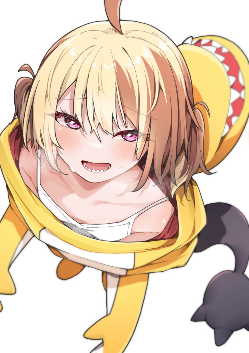 1girl absurdres ahoge airenif animal_costume blonde_hair breasts camisole commentary from_above gigi_murin highres hololive hololive_english looking_at_viewer lower_teeth_only open_mouth pink_eyes sharp_teeth simple_background small_breasts solo teeth two_side_up virtual_youtuber white_background white_camisole