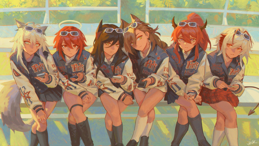 6+girls alternate_costume animal_ears arknights bench brown_hair buttons closed_mouth commentary crossed_legs day exusiai_(arknights) eyewear_on_head grass hair_between_eyes halo hashtag-only_commentary highres holding holding_phone horns ines_(arknights) jacket jacknguyenart kneehighs lappland_(arknights) long_hair long_sleeves multiple_girls outdoors parted_lips penance_(arknights) phone pleated_skirt school_uniform sidelocks signature sitting skirt socks star_(symbol) star_print sunglasses surtr_(arknights) w_(arknights) white_hair yellow_eyes
