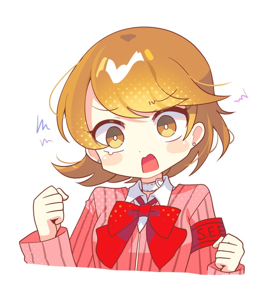 1girl armband blush blush_stickers bow bowtie brown_eyes brown_hair cardigan choker clenched_hands collared_shirt cropped_torso earrings flipped_hair frown furrowed_brow gekkoukan_high_school_uniform heart heart_choker highres jewelry long_sleeves looking_at_viewer loose_bowtie offbeat open_mouth persona persona_3 pink_cardigan protected_link red_armband red_bow red_bowtie ribbed_cardigan s.e.e.s school_uniform shirt short_hair simple_background single_tear solo squiggle stud_earrings takeba_yukari upper_body white_background white_choker white_shirt