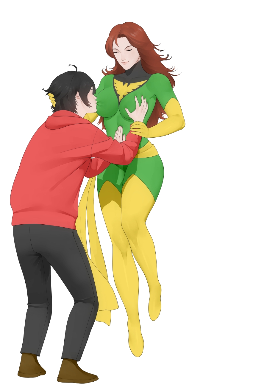 1boy 1girl absurdres bodysuit boots breast_sucking breasts closed_eyes commission commissioner_upload emblem floating flying gloves grabbing_another&#039;s_breast green_bodysuit groping groping_breast guided_breast_grab guiding_hand hand_on_another&#039;s_stomach highres jean_grey large_breasts legs long_hair marvel marvel_vs._capcom marvel_vs._capcom_3 phoenix_(x-men) red_hair sash simple_background skin_tight skin_tight_clothing smile spandex spandex thighhighs white_background x-men yellow_boots