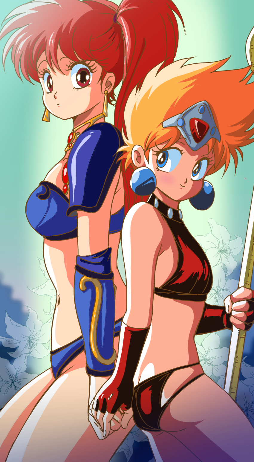 2girls absurdres armor asagiri_youko ass bikini bikini_armor blonde_hair blue_bikini blue_eyes butt_crack choker earrings gauntlets gem genmu_senki_leda highres holding holding_hands holding_staff jewelry long_hair masaaki_endo multiple_girls pauldrons red_bikini red_eyes red_hair shoulder_armor shoulder_pads smile staff swimsuit tiara vambraces yoni_(leda)