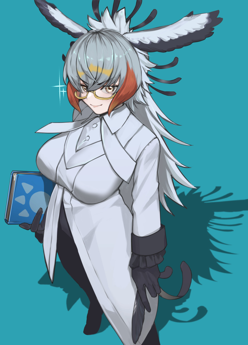 1girl a888_n22 aqua_background arm_at_side bird_girl bird_tail bird_wings black_pants blonde_hair book breasts buttons closed_mouth coat collared_coat frilled_sleeves frills glasses gloves grey_hair hair_between_eyes head_wings highres holding holding_book holding_quill kemono_friends large_breasts legs_apart long_hair long_sleeves multicolored_hair pants quill red_hair secretarybird_(kemono_friends) semi-rimless_eyewear shoes simple_background smile solo standing tail under-rim_eyewear very_long_hair white_coat white_hair wing_collar wings yellow_eyes