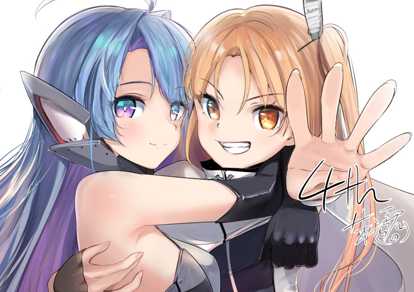 2girls ahoge anniversary armpit_crease azur_lane bare_shoulders blonde_hair blue_hair blush cleveland_(azur_lane) closed_mouth gloves grin hair_between_eyes hair_ornament helena_(azur_lane) helena_(retrofit)_(azur_lane) highres hug looking_at_viewer multiple_girls purple_eyes purple_hair red_eyes schreibe_shura sidelocks simple_background smile white_background