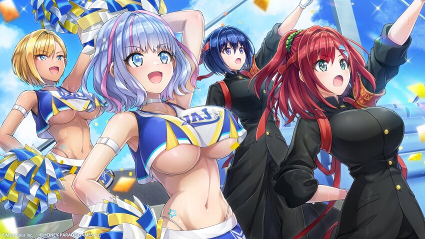 4girls armband blonde_hair blue_eyes blue_hair blue_sky breast_curtains breasts cheerleader cloud commentary_request confetti dark-skinned_female dark_skin dolphin_wave green_eyes hachimaki headband highres kukuri_tomo large_breasts multiple_girls murahaya_mashio navel official_art ootomo_takuji open_mouth pom_pom_(cheerleading) ponytail purple_eyes red_hair sakimiya_iruka short_hair sky tojou_michiru underboob
