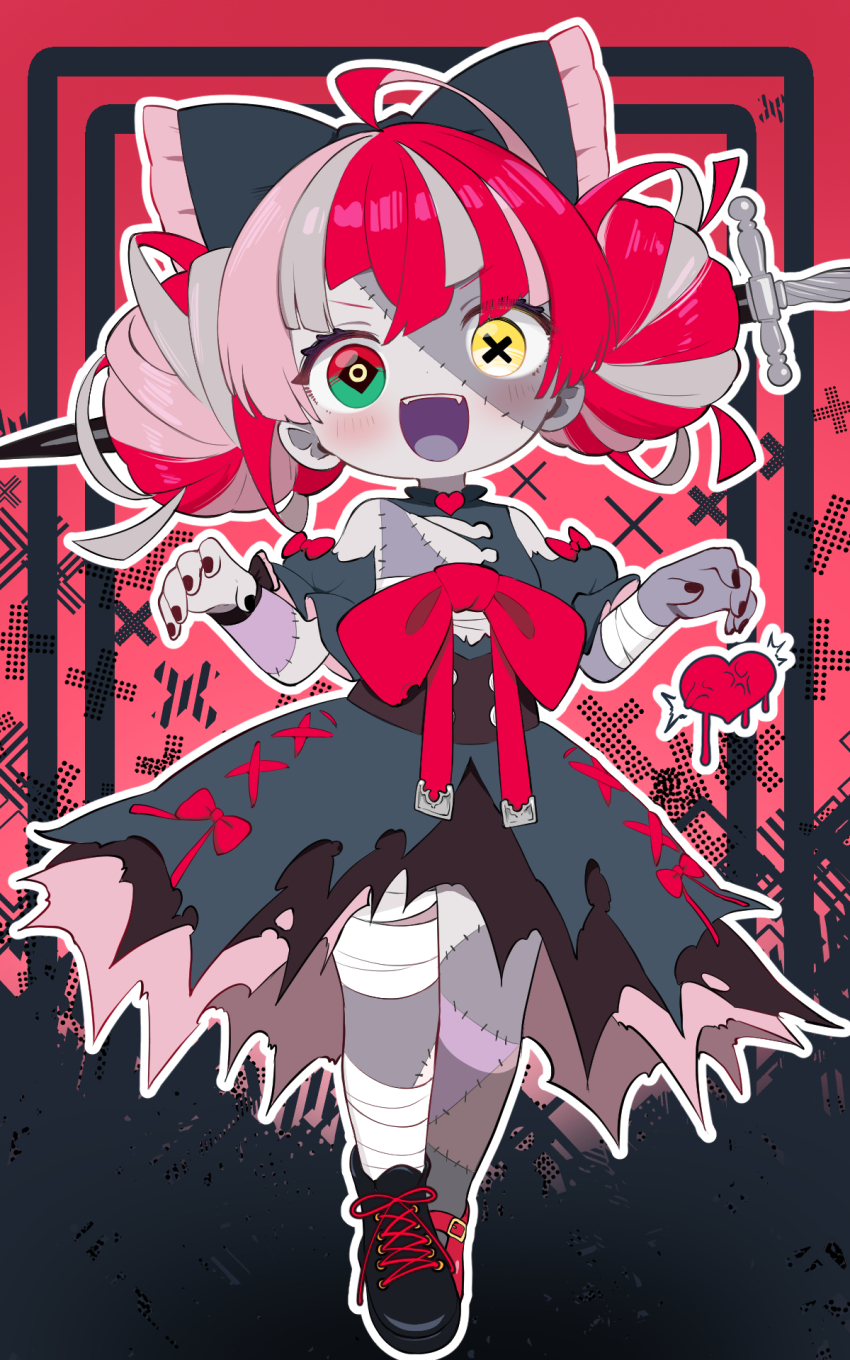 1girl :d ahoge asymmetrical_footwear bandaged_arm bandaged_leg bandages black_bow black_dress black_nails black_shoes blush bow bowtie commentary double_bun dress english_commentary frilled_bow frills grey_hair hair_bow hair_bun heterochromia highres hololive hololive_indonesia kani_bonara kureiji_ollie kureiji_ollie_(1st_costume) looking_at_viewer mismatched_footwear nail_polish object_through_head open_mouth outstretched_arms patchwork_skin pink_hair red_bow red_bowtie red_hair red_shoes shoes smile solo sword_in_head symbol-shaped_pupils torn_clothes virtual_youtuber x-shaped_pupils zombie zombie_pose