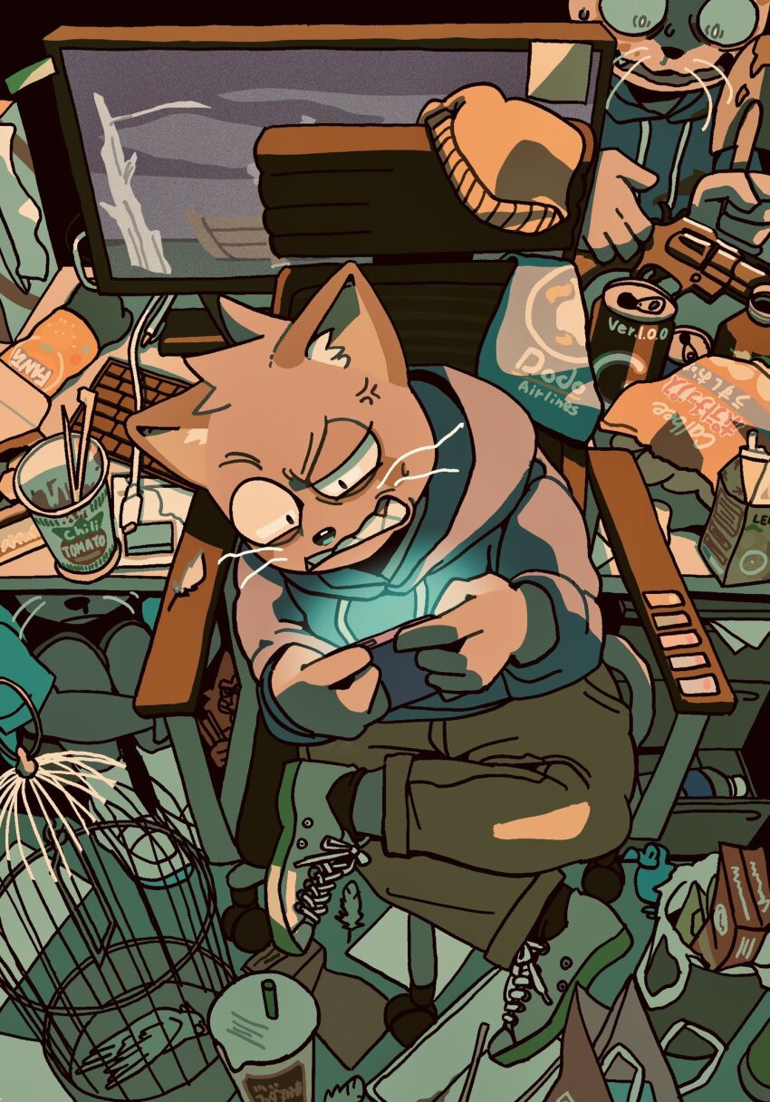 3boys angry birdcage cage can cat_boy chair computer computer_keyboard crazy cup_ramen death drawer drink_can gun highres hood hooded_jacket jacket juice_box messy_room multiple_boys non-web_source odd_taxi on_floor open_drawer sitting soda_can tanaka_hajime_(odd_taxi) trash trash_can vetiver weapon
