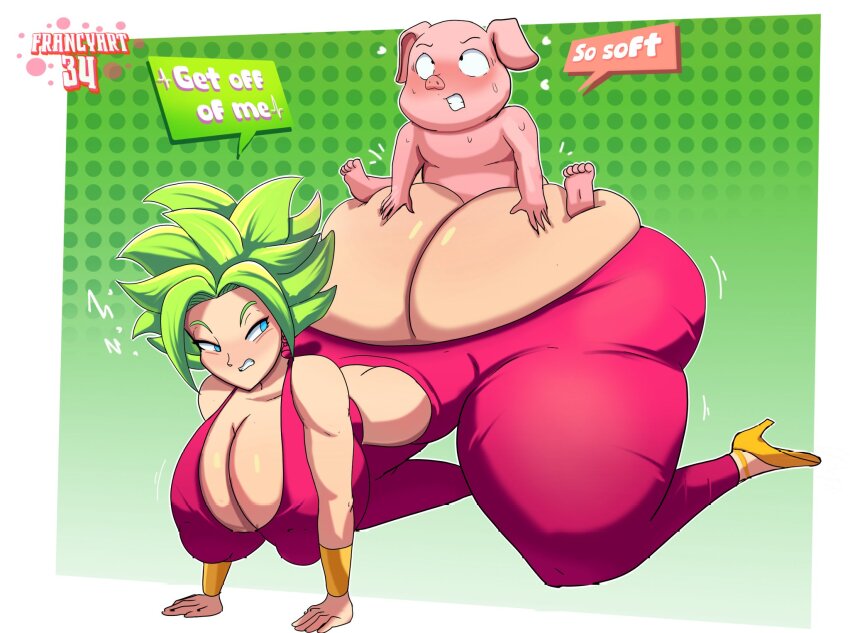 1boy 1girl all_fours animal_ears ass blue_eyes blush breasts clothed_female_nude_male clothed_sex colored_skin doggystyle dragon_ball dragon_ball_super dragonball_z francyart34 highres huge_ass huge_breasts kefla_(dragon_ball) legendary_super_saiyan nervous nude oolong pig pig_ears pink_skin rolling_eyes saiyan sex sex_from_behind size_difference super_saiyan vaginal