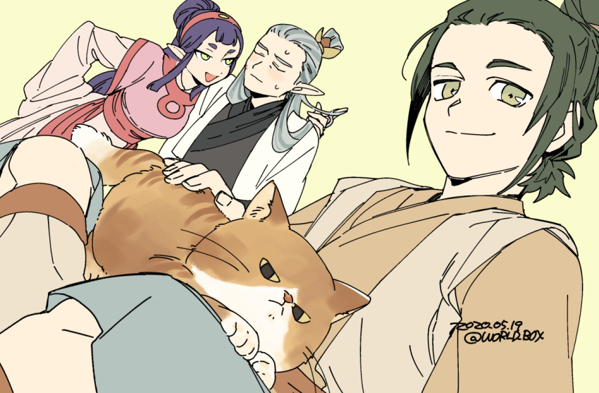 beihe_(the_legend_of_luoxiaohei) black_hair cat closed_eyes dated grey_hair holding holding_own_hair lanxi_zhen long_hair luo_xiaohei_zhanji open_mouth pan_jing_(the_legend_of_luoxiaohei) pointy_ears purple_hair simple_background smile sweat twitter_username upper_body vox xia_(the_legend_of_luoxiaohei) yellow_background yellow_eyes