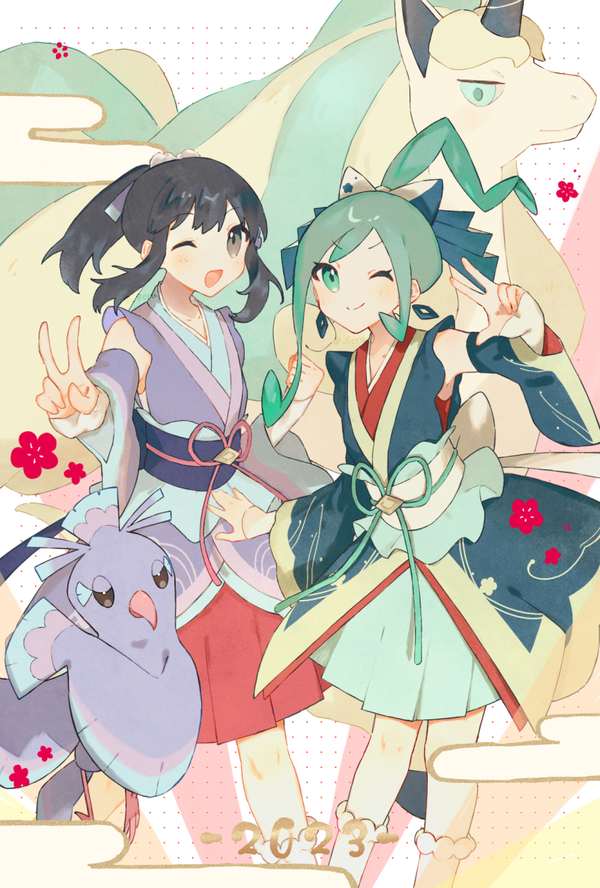 2girls ;d alternate_color black_hair blush closed_mouth commentary_request dawn_(new_year&#039;s_2023)_(pokemon) dawn_(pokemon) detached_sleeves egasumi erua_(_8eru) galarian_form galarian_rapidash gen_7_pokemon gen_8_pokemon green_eyes green_hair green_skirt hair_ribbon highres japanese_clothes kimono lisia_(new_year&#039;s_2023)_(pokemon) lisia_(pokemon) multiple_girls nintendo official_alternate_costume one_eye_closed open_mouth oricorio oricorio_(sensu) pleated_skirt pokemon pokemon_(creature) pokemon_masters_ex ponytail purple_kimono red_skirt ribbon sash shiny_pokemon skirt smile v