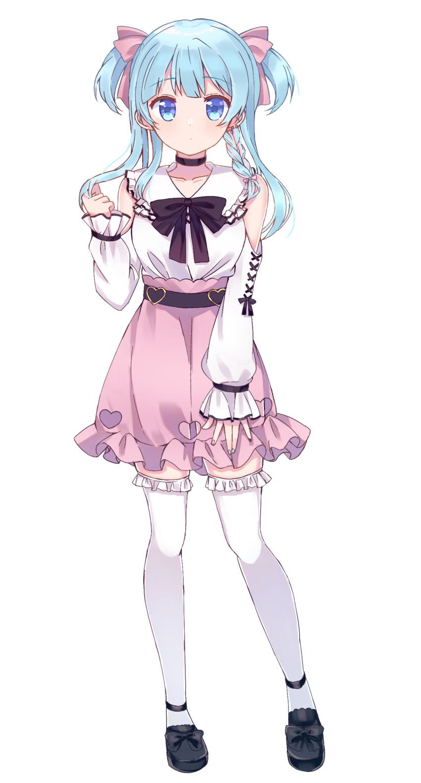 1girl :o alternate_costume ankle_belt bare_shoulders belt belt_buckle black_belt black_bow black_bowtie black_choker black_shoes blue_eyes blue_hair bow bowtie braid buckle casual choker clothing_cutout collarbone collared_shirt commentary_request cross-laced_clothes cross-laced_sleeves detached_sleeves dot_nose earrings expressionless eyelashes fingernails footwear_bow frilled_shirt_collar frilled_skirt frilled_sleeves frilled_thighhighs frills full_body gold_buckle hair_bow hair_ribbon heart heart-shaped_buckle heart_cutout heart_earrings high-waist_skirt highres holding holding_own_hair jewelry jirai_kei light_blush long_hair magia_record:_mahou_shoujo_madoka_magica_gaiden mahou_shoujo_madoka_magica minami_rena miniskirt multiple_belts parted_lips pink_bow pink_ribbon pink_skirt ribbon ruru_(rurumagi) shirt shoes simple_background single_braid single_earring single_sidelock skirt sleeveless sleeveless_shirt sleeves_past_wrists solo standing tachi-e thighhighs tress_ribbon two_side_up white_background white_shirt white_sleeves white_thighhighs