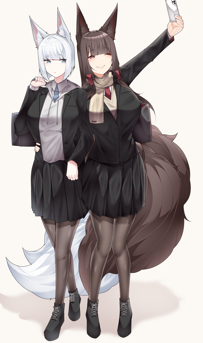 2girls absurdres akagi_(azur_lane) animal_ears azur_lane bag black_bag black_jacket black_shoes black_skirt blazer blue_eyes blue_necktie breasts brown_eyes brown_hair closed_mouth fox_ears fox_girl fox_tail hand_on_another&#039;s_hip highres holding holding_phone hood hoodie jacket kaga_(azur_lane) lips multiple_girls necktie one_eye_closed pantyhose phone pleated_skirt red_necktie samip scarf school_bag school_uniform shadow shoes skirt smile tail white_hair white_hoodie yellow_scarf