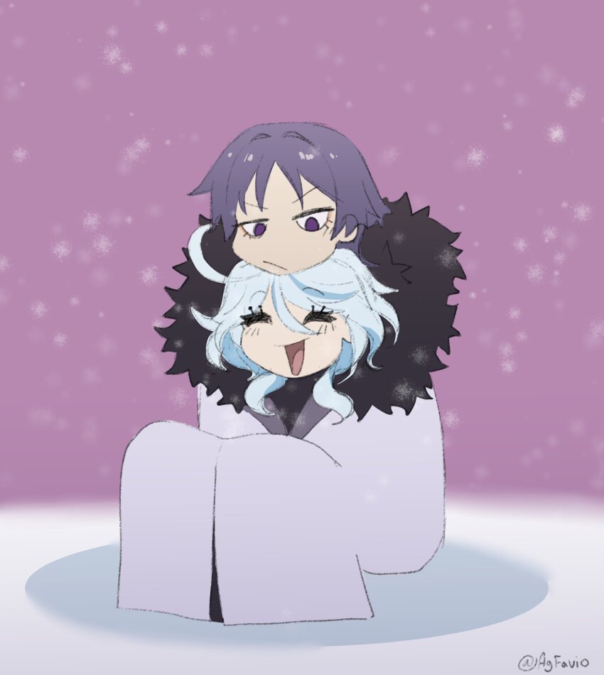1boy 1girl agfavio ahoge blunt_ends chin_rest closed_mouth coat cowlick curly_ends eyelash_ornament eyeliner eyeshadow fatui_coat fur_collar furina_(genshin_impact) genshin_impact hair_between_eyes head_on_head head_rest highres lapels light_blush looking_at_another looking_down lower_eyelashes_only makeup open_mouth pink_background purple_eyes purple_hair red_eyeliner red_eyeshadow scaramouche_(genshin_impact) shared_clothes shared_coat short_hair sidelocks sitting snow snowing twitter_username white_coat white_hair winter_clothes winter_coat