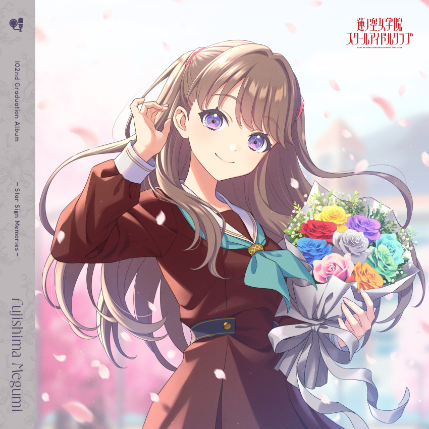 1girl absurdres album_cover arm_up black_gloves blue_flower blue_rose bouquet brown_dress brown_hair character_logo character_name cherry_blossoms closed_mouth copyright_logo cover dress english_text falling_petals flower fujishima_megumi gloves graduation green_flower green_rose grey_flower grey_rose half_gloves hasu_no_sora_school_uniform highres holding holding_bouquet link!_like!_love_live! long_hair long_sleeves love_live! official_art orange_flower orange_rose petals pink_flower pink_petals pink_rose pleated_dress purple_eyes purple_flower purple_rose rose sailor_collar sailor_dress school_uniform second-party_source smile solo split_mouth two_side_up virtual_youtuber white_sailor_collar winter_uniform yellow_flower yellow_rose