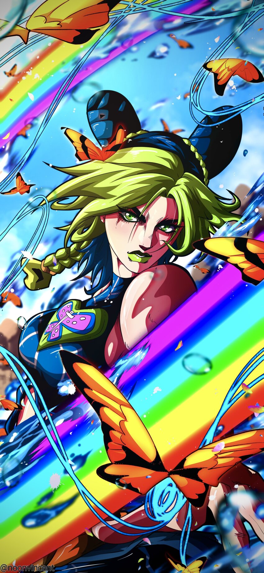 1girl absurdres animal_print blue_hair blue_shirt blue_string braid bug butterfly butterfly_print crop_top double-parted_bangs double_bun green_hair green_lips hair_bun heart_ornament highres insect jojo_no_kimyou_na_bouken kuujou_jolyne multicolored_hair noonvincent orange_butterfly rainbow shirt single_braid stone_ocean sword_print upper_body