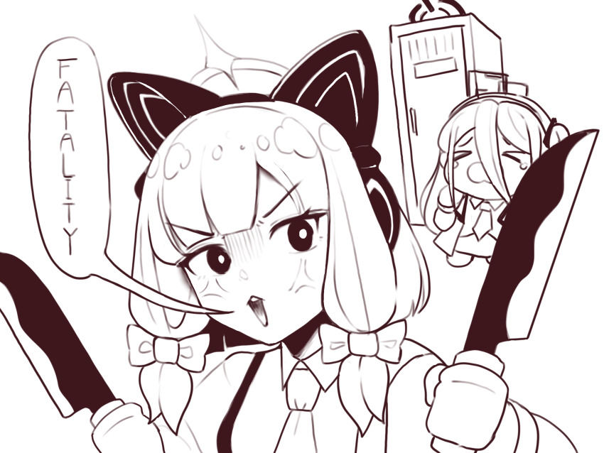 &gt;_&lt; 2girls absurdres anger_vein animal_ear_headphones animal_ears aris_(blue_archive) black_eyes blue_archive blunt_bangs bow bright_pupils cat_ear_headphones chibi chibi_inset collared_shirt commentary cran_berrie death_momoi_(meme) dual_wielding english_text fake_animal_ears hair_between_eyes hair_bow halo headphones highres holding holding_knife knife long_hair looking_at_viewer medium_hair meme momoi_(blue_archive) monochrome multiple_girls necktie open_mouth portrait school_uniform shirt simple_background solo_focus speech_bubble tears white_background white_pupils