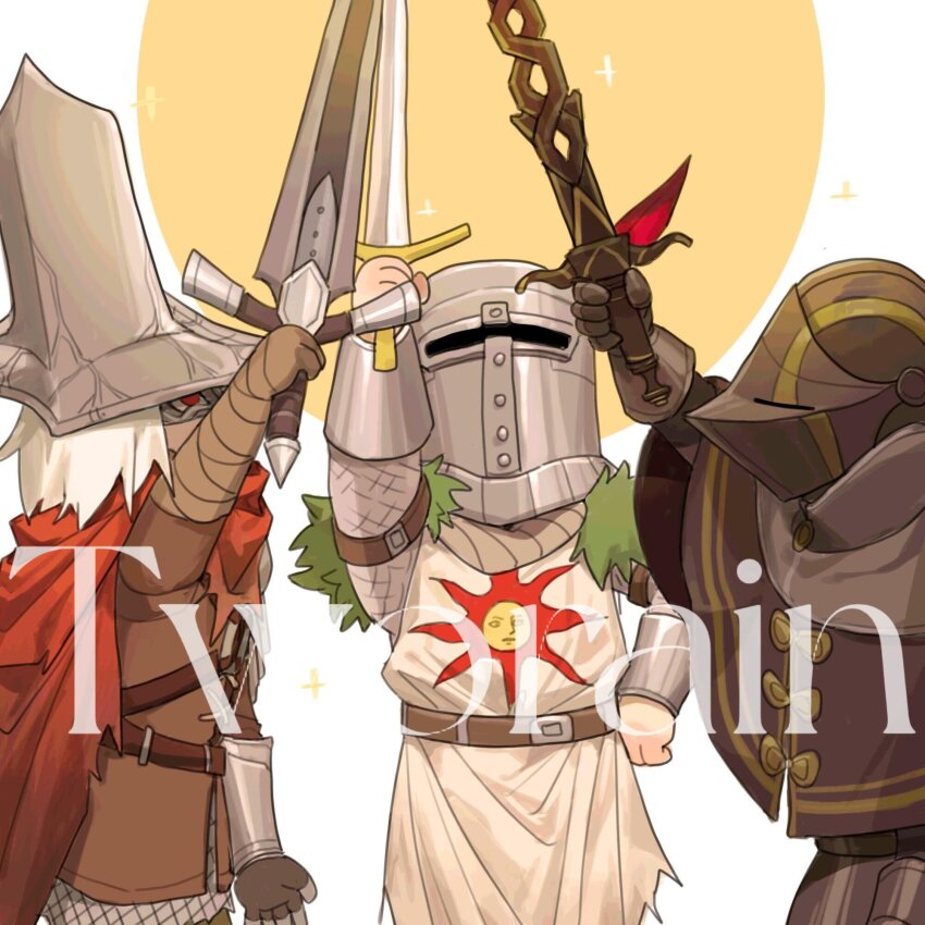 3boys abyss_watcher armor artist_name bandaged_arm bandages belt black_armor blonde_hair brown_armor brown_belt brown_cape brown_gloves cape capelet character_request chinese_commentary cloak commentary_request cowboy_shot crossed_swords dark_souls_(series) dark_souls_i dark_souls_iii full_armor fur-trimmed_capelet fur_trim gloves green_fur hand_on_own_hip helmet highres holding holding_sword holding_weapon looking_up male_focus multiple_boys red_cloak solaire_of_astora sparkle sparkling_aura sun sun_print sword tworain_w watermark weapon white_background