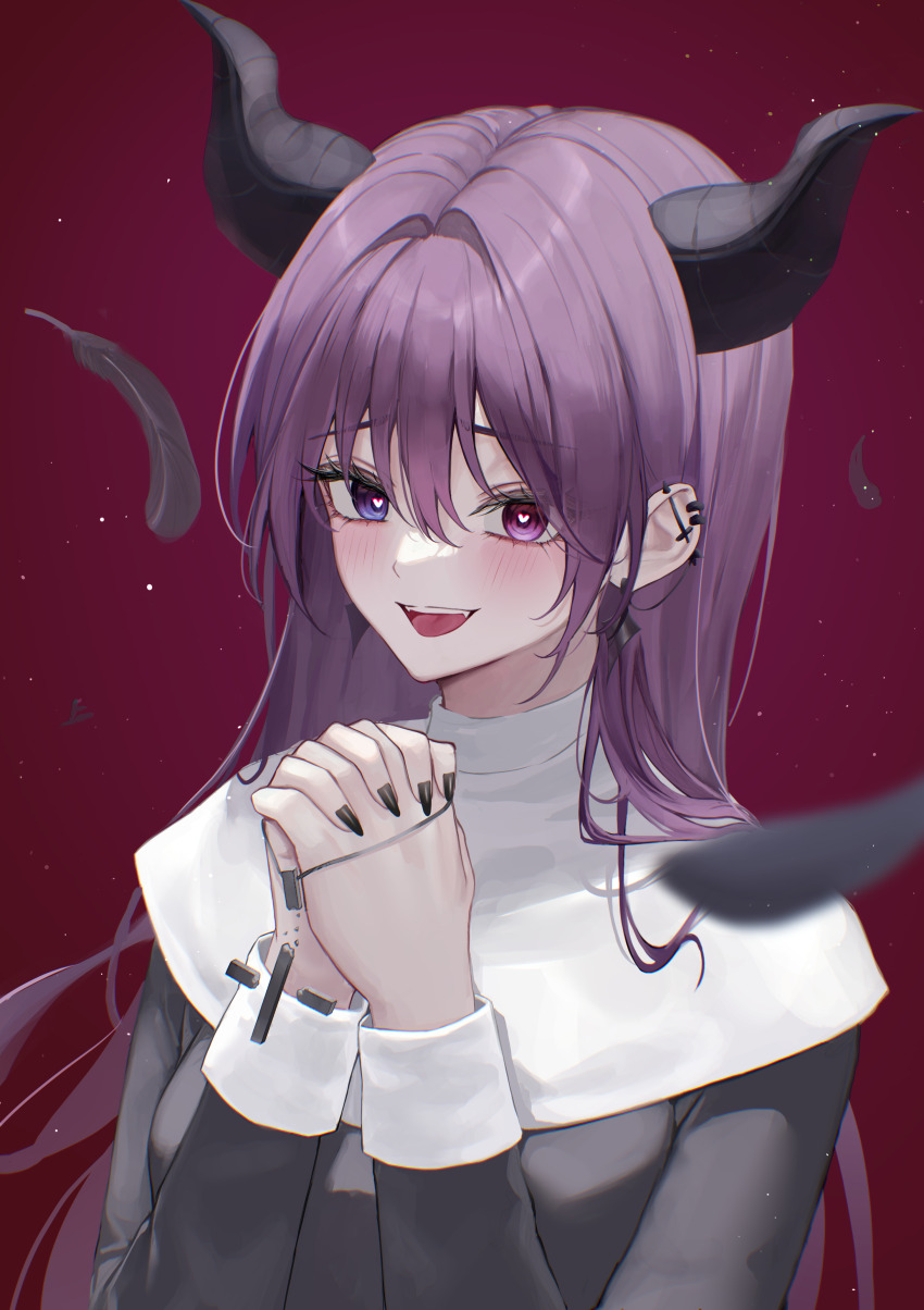 1girl absurdres alternate_species black_dress black_horns black_nails blue_eyes blush breasts ciel_lumiere collar commentary demon demon_girl demon_horns dress ear_piercing eyebrows_hidden_by_hair eyelashes furrowed_brow gradient_background guimpe hair_between_eyes hair_intakes heart heart-shaped_pupils heterochromia highres horns jewelry long_bangs long_hair long_sleeves looking_at_viewer luxiel medium_breasts nail_polish necklace nun open_mouth original own_hands_together piercing pink_eyes purple_hair radial_gradient_background red_background solo symbol-only_commentary symbol-shaped_pupils teeth tongue traditional_nun upper_teeth_only white_collar