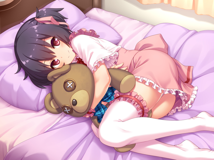 1girl amamiya_akari_(honto_no_kimochi) black_hair closed_mouth commentary_request deku_(dekunosu) hair_ribbon highres honto_no_kimochi hugging_object looking_at_viewer lying no_shirt on_bed on_side pillow pink_eyes pink_ribbon pink_skirt ribbon second-party_source shirt skirt smile solo stuffed_animal stuffed_toy teddy_bear thighhighs white_shirt white_thighhighs