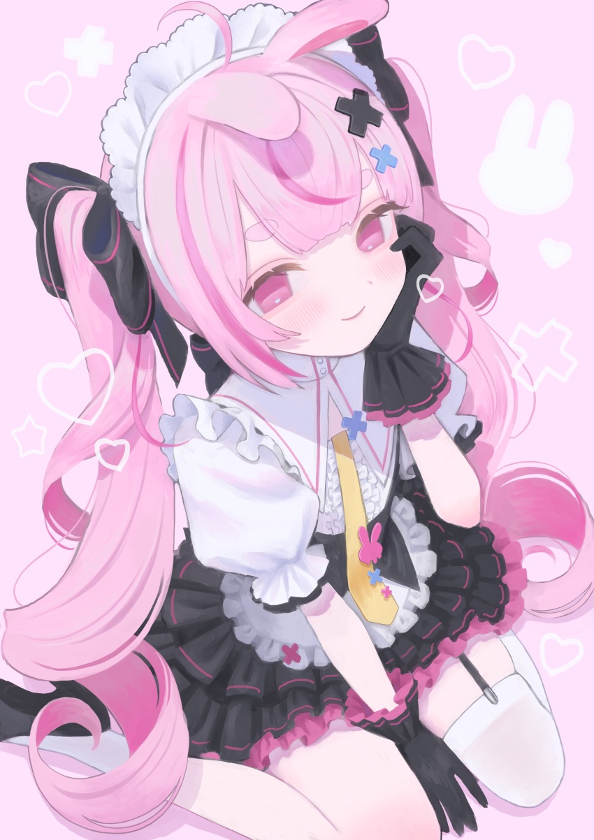 1girl absurdres ahoge animal_ears black_gloves black_shoes black_skirt bow center_frills double-parted_bangs flat_chest frilled_skirt frills garter_straps gloves hair_bow hand_on_own_cheek hand_on_own_face highres indie_virtual_youtuber layered_skirt long_hair looking_at_viewer maid_headdress miniskirt multicolored_hair necktie nelta_rene pink_background pink_eyes pink_hair puffy_short_sleeves puffy_sleeves rabbit_ears rabbit_girl ringlets shirt shoes short_sleeves simple_background single_garter_strap single_thighhigh sitting skindentation skirt smile solo streaked_hair thick_eyebrows thighhighs tomari_mari twintails vest virtual_youtuber wariza yellow_necktie