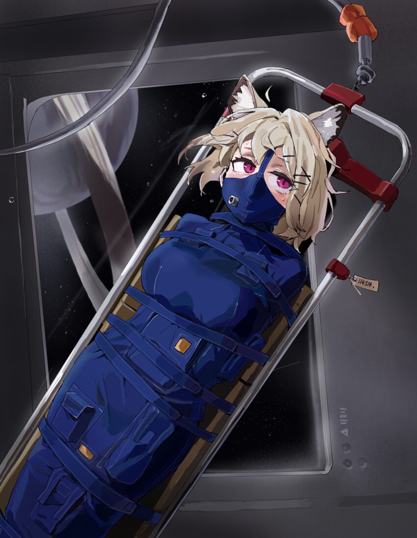 1girl a_tea animal_ear_fluff animal_ears arknights arms_behind_back blonde_hair bodysuit breasts cloth_gag floating gag gagged highres improvised_gag levitation medium_breasts medium_hair planet planetary_ring pouch purple_eyes restrained space star_(sky) utage_(arknights) zero_gravity