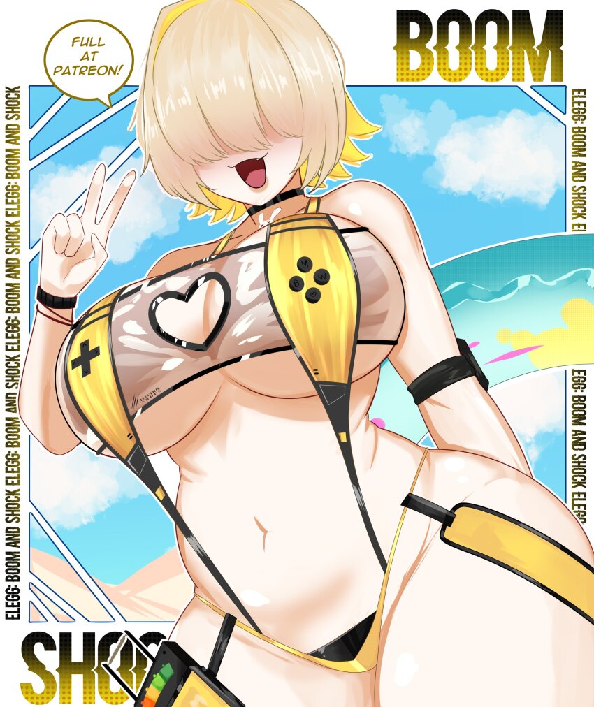 1girl absurdres blonde_hair blue_innertube blush breasts burningmoonworks clothing_cutout elegg_(boom_and_shock)_(nikke) elegg_(nikke) fang goddess_of_victory:_nikke hair_intakes hair_over_eyes heart_cutout highres holding holding_swim_ring innertube large_breasts long_bangs looking_at_viewer multicolored_hair navel open_mouth rabbit_ornament see-through_slingshot_swimsuit shiny_skin short_hair slingshot_swimsuit smile solo standing swim_ring swimsuit two-tone_hair yellow_slingshot_swimsuit