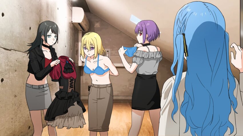 4girls bang_dream! bang_dream!_it&#039;s_mygo!!!!! black_hair black_jacket black_ribbon black_skirt blonde_hair blue_bra blue_eyes bra braid breasts brown_skirt danshi_koukousei_no_nichijou ear_piercing earrings frilled_shirt frills grey_shirt grey_skirt hair_between_eyes hair_ribbon highres holding holding_panties holding_underwear holding_unworn_clothes indoors jacket jewelry medium_breasts medium_hair misumi_uika multiple_girls oblivionis_(bang_dream!) off-shoulder_shirt off_shoulder open_clothes open_jacket panties photo_background piercing purple_eyes purple_hair rainbow_hose red_eyes red_shirt ribbon shirt short_hair skirt stomach togawa_sakiko two_side_up underwear unworn_panties white_shirt yahata_umiri yuutenji_nyamu