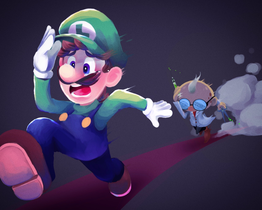 2boys @_@ blue_eyes boots brown_footwear brown_hair chasing coat dust_cloud eyebrows facial_hair full_body glasses gloves green_headwear green_shirt hat highres hiyashimeso holding holding_scissors holding_syringe lab_coat long_sleeves luigi luigi&#039;s_mansion male_focus mario_(series) motion_lines multiple_boys mustache nintendo old old_man open_mouth overalls professor_elvin_gadd round_eyewear running scissors shirt short_hair syringe tearing_up teeth tongue white_coat white_gloves white_hair