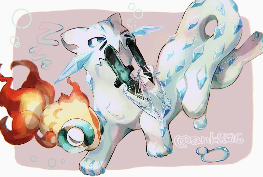 animal_nose ank836 blue_gemstone blue_sclera bright_pupils broken broken_sword broken_weapon chi-yu_(pokemon) chien-pao closed_eyes colored_sclera colored_skin crystal fish gem goldfish highres ice nintendo no_humans one_eye_closed orange_skin pokemon pokemon_(creature) pokemon_focus sleeping sword tusks u_u water weapon weasel whiskers white_fur white_pupils zzz