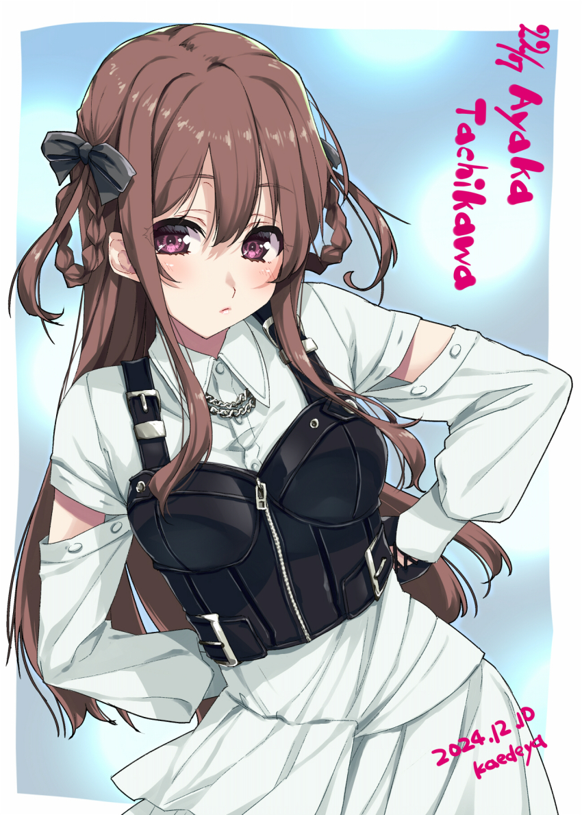 1girl 22/7 artist_name black_bow black_gloves blush bodice border bow braid braided_hair_rings brown_hair character_name closed_mouth collared_dress cowboy_shot dated dress gloves group_name hair_bow hair_rings hands_on_own_hips highres kisairo_kaede long_hair long_sleeves outside_border purple_eyes rock_wa_shinanai solo tachikawa_ayaka twin_braids two_side_up white_border white_dress