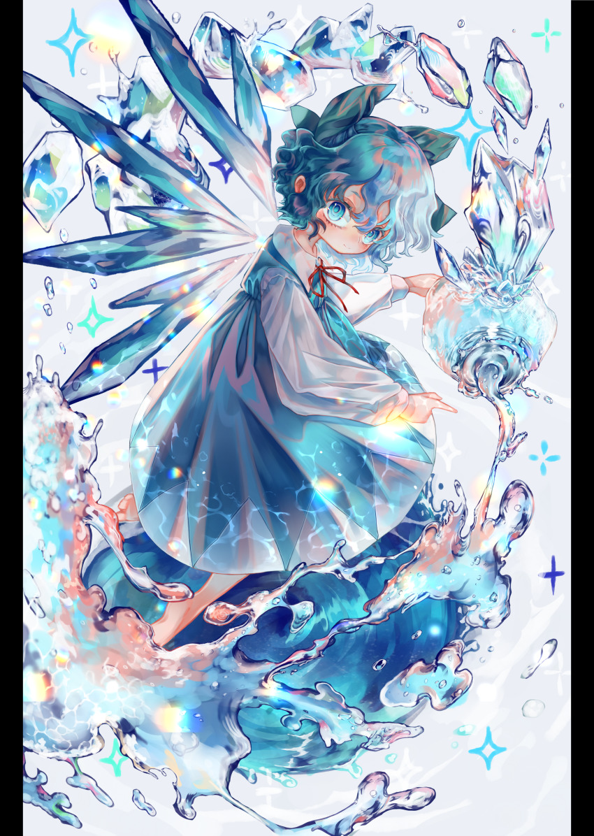 1girl absurdres barefoot blue_bow blue_dress blue_eyes blue_hair bow cirno closed_mouth commentary_request cryokinesis dress from_side full_body hair_between_eyes highres hydrokinesis ice ice_wings long_sleeves looking_at_viewer medium_hair neck_ribbon pillarboxed pinafore_dress red_ribbon ribbon shirt sleeveless sleeveless_dress solo sparkle syukou touhou water wavy_hair white_shirt wings