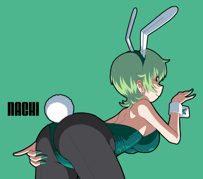 10s 1girl animal_ears aoki_hagane_no_arpeggio ass back-seamed_legwear bad_id bad_pixiv_id character_name fake_animal_ears female_focus from_behind green_background green_eyes green_hair green_nails kamo_3 leotard matching_hair/eyes nachi_(aoki_hagane_no_arpeggio) nail_polish pantyhose playboy_bunny rabbit_ears rabbit_tail seamed_legwear short_hair simple_background solo tail wrist_cuffs
