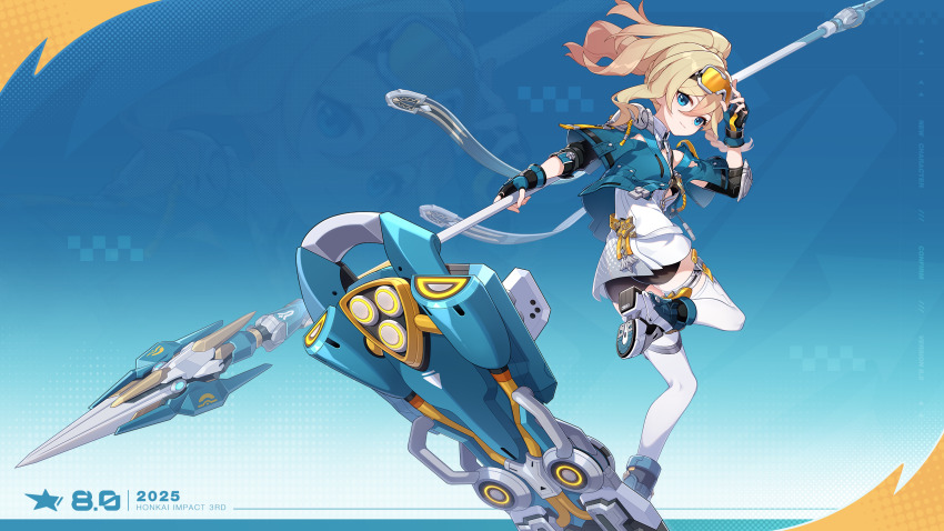 1girl 2025 adjusting_eyewear aqua_gloves aqua_jacket blonde_hair blue_eyes braid breasts copyright_name durandal_(reign_solaris)_(honkai_impact) fingerless_gloves from_behind from_side gloves goggles goggles_on_head hair_between_eyes highres holding honkai_(series) honkai_impact_3rd jacket javelin_(spear) leg_up long_hair long_sleeves looking_at_viewer official_art orange-tinted_eyewear ponytail shorts skateboard skating small_breasts smile solo thighhighs tinted_eyewear white_thighhighs zoom_layer