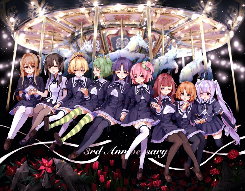 6+girls :d ;d ahoge amahara_nue ando_tazusa anniversary antenna_hair arm_at_side arm_cutout assault_lily black_background black_capelet black_footwear black_hair black_pantyhose black_ribbon black_skirt black_thighhighs blonde_hair blue_eyes blunt_bangs blush bow breasts brown_footwear brown_hair brown_pantyhose brown_thighhighs buttons capelet carousel closed_mouth clothing_cutout clover_hair_ornament collared_shirt commentary cropped_jacket crossed_ankles detached_sleeves facing_another fang flower flower_knot four-leaf_clover_hair_ornament frilled_sleeves frills futagawa_fumi green_eyes green_hair green_thighhighs grey_hair hair_between_eyes hair_bow hair_flower hair_ornament hair_over_shoulder hair_ribbon hair_scrunchie hand_up hands_up heterochromia high-waist_skirt high_ponytail highres hitotsuyanagi_riri holding_hands hood hood_down interlocked_fingers invisible_chair kaede_johan_nouvel knees_together_feet_apart kuo_shenlin leg_ribbon legs_together light_particles long_hair looking_at_another looking_at_viewer low_ponytail mary_janes medium_breasts miriam_hildegard_von_gropius multicolored_thighhighs multiple_girls neck_ribbon one_eye_closed one_side_up open_mouth outstretched_legs pantyhose parted_lips pink_eyes pink_hair pleated_skirt ponytail profile purple_eyes purple_hair purple_ribbon red_eyes red_flower red_rose ribbon rose school_uniform scrunchie shirai_yuyu shirt shoe_soles shoes short_hair short_sleeves side-by-side side_ponytail sidelocks sitting skin_fang skirt smile striped_clothes striped_ribbon striped_thighhighs tassel tassel_hair_ornament teeth thigh_ribbon thighhighs twintails underbust upper_teeth_only very_long_hair wang_yujia white_bow white_flower white_scrunchie white_shirt white_thighhighs yellow_eyes yellow_ribbon yellow_thighhighs yoshimura_thi_mai yurigaoka_girls_academy_school_uniform zettai_ryouiki