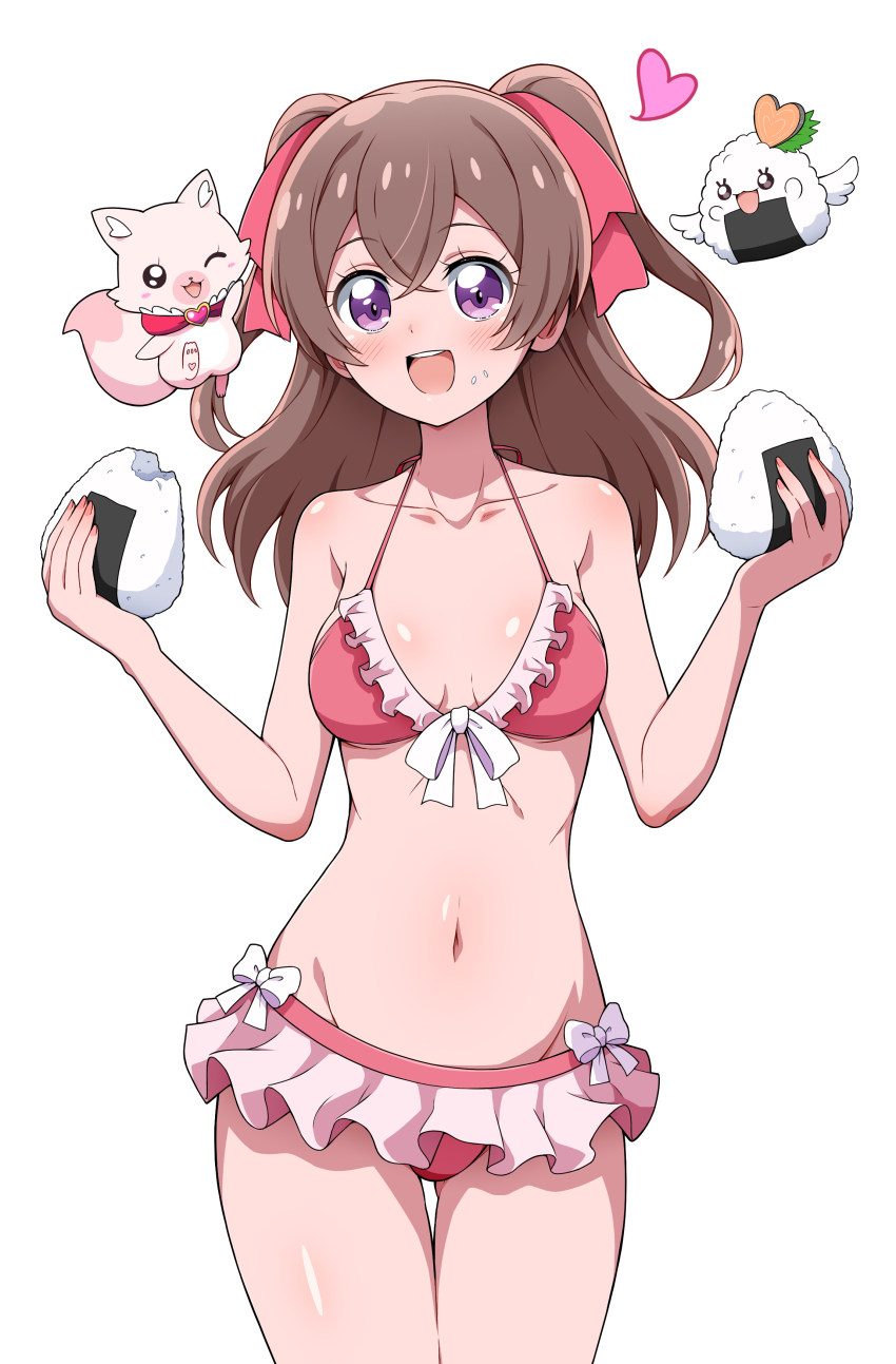 1girl absurdres bikini brown_hair collarbone delicious_party_precure eggman_(ni_tamagoex) food frilled_bikini frills groin heart highres kome-kome nagomi_yui navel onigiri pink_bikini precure purple_eyes recipipi simple_background smile swimsuit thigh_gap two_side_up white_background