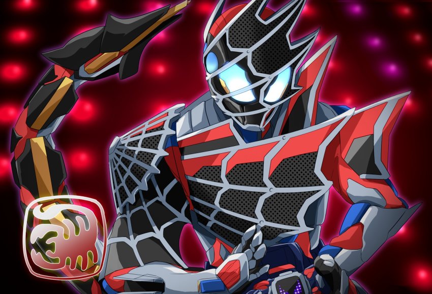 1boy armor asymmetrical_armor blue_eyes dark_foreground demons_driver rider_belt finish_line gloves glowing highres kamen_rider kamen_rider_demons kamen_rider_revice male_focus miyabi_(037) purple_eyes rider_belt scorpion scorpion_genome scorpion_tail silk spider_web spider_web_print tail tokusatsu upper_body