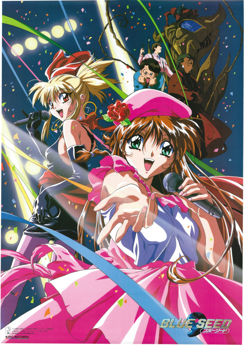 1990s_(style) 2girls 3girls absurdres aqua_eyes black_gloves blonde_hair blue_seed braid brown_hair confetti dark-skinned_female dark_skin dress earrings elbow_gloves fujimiya_moe fujimiya_momiji gloves gun hat highres holding holding_gun holding_microphone holding_weapon hoop_earrings idol jewelry kusanagi_mamoru logo long_hair looking_at_viewer microphone multiple_girls official_art open_mouth outstretched_arm pink_skirt ponytail purple_legwear red_eyes retro_artstyle scan skirt teeth upper_teeth_only weapon yaegashi_yoshiki yamazaki_sakura