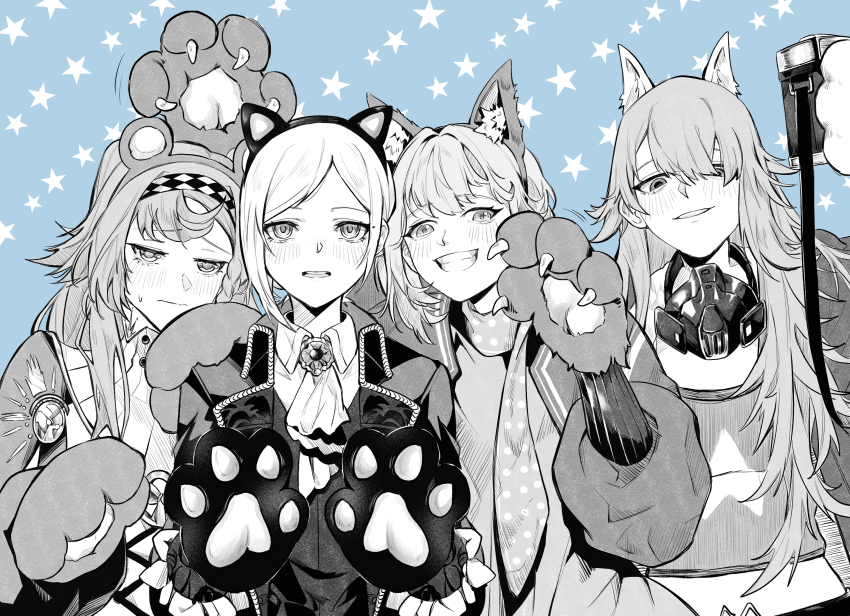 4girls animal_ears animal_hands arm_up ascot bear_ears blue_background blush brooch canteen cat_ears checkered_hairband closed_mouth coat collared_shirt dress embarrassed fake_animal_ears furrowed_brow gloves greyscale_with_colored_background grin hair_over_one_eye hairband half-closed_eyes hands_up high_collar highres holding_canteen jacket jewelry lilya_(reverse:1999) long_hair long_sleeves looking_at_viewer mask mask_around_neck midriff multiple_girls nasipattaya one_eye_covered open_clothes open_jacket oxygen_mask paw_gloves polka_dot_neckerchief puffy_long_sleeves puffy_sleeves regulus_(reverse:1999) reverse:1999 shirt smile sonetto_(reverse:1999) star_(symbol) star_symbol_background sweat teeth upper_body vertin_(reverse:1999) vest waistcoat