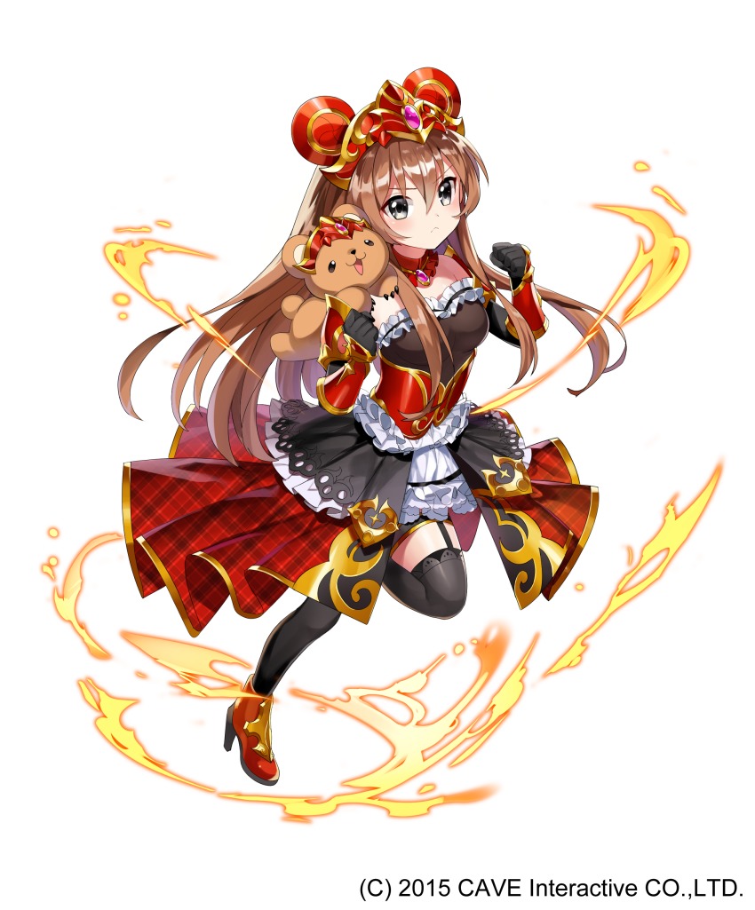 1girl absurdres aura bike_shorts black_eyes black_gloves black_skirt black_thighhighs boots bracer brown_hair female_focus fire full_body garter_straps gloves gothic_wa_mahou_otome hair_between_eyes hands_up headpiece high_heel_boots high_heels highres long_hair looking_at_viewer masyu_yuyu official_art open_clothes open_skirt red_boots red_skirt showgirl_skirt simple_background skirt solo standing standing_on_one_leg stuffed_animal stuffed_toy teddy_bear thighhighs underbust white_background