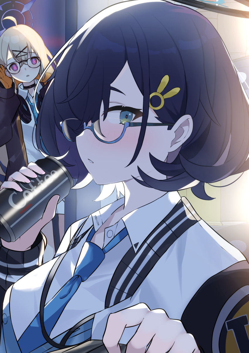2girls black_choker black_jacket black_sleeves blonde_hair blue_archive blue_eyes blue_hair blue_necktie blue_vest blush chihiro_(blue_archive) choker clothes_grab drink glasses hair_between_eyes hair_over_one_eye hand_on_own_ear highres holding holding_drink jacket kotama_(blue_archive) long_hair mi_taro333 multiple_girls necktie parted_lips pov purple_eyes shirt shirt_grab short_hair sidelocks staring vest white_jacket white_shirt yandere