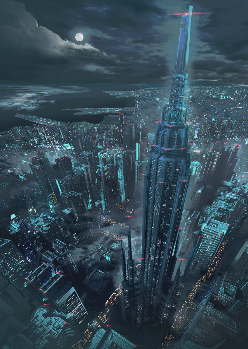 building cityscape cloud from_above full_moon highres horizon moon night night_sky no_humans ocean official_art outdoors psycho-pass scenery sky skyscraper swav tower water