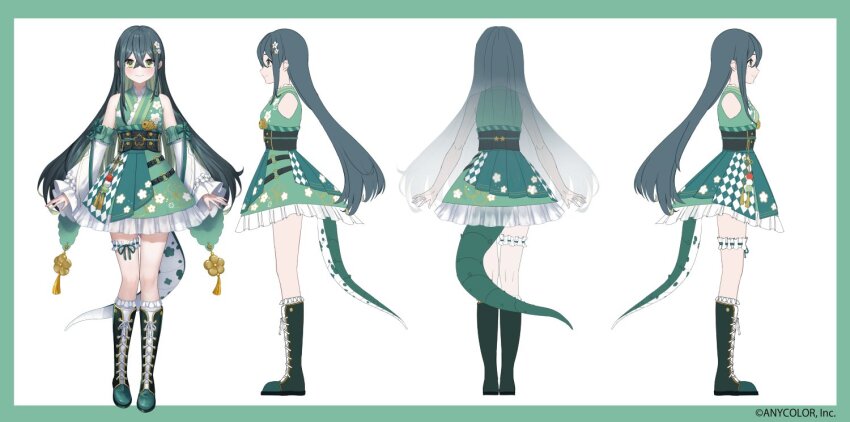 1girl a-pose artist_request bare_shoulders black_corset blush boots border closed_mouth colored_inner_hair copyright_notice corset crossed_bangs detached_sleeves fish floral_print floral_print_kimono flower-shaped_pupils flower_hairpin flower_knot frilled_skirt frilled_socks frilled_thigh_strap frills from_behind from_side full_body green_boots green_border green_eyes green_hair green_kimono green_ribbon green_tail japanese_clothes kimono kimono_skirt knee_boots kneehighs lace-up_boots lizard_tail long_hair long_sleeves looking_at_viewer multicolored_hair multiple_views nijisanji o-ring_strap obiage obijime official_art outside_border print_kimono reference_sheet ribbon skirt smile socks solo standing straight-on symbol-shaped_pupils tail tail_under_clothes tassel thigh_strap togawa_nonoha turnaround virtual_youtuber white_background white_sleeves